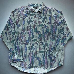 Expressions Vintage AOP Button Front Grey Multicolored Shirt Men's Size Large